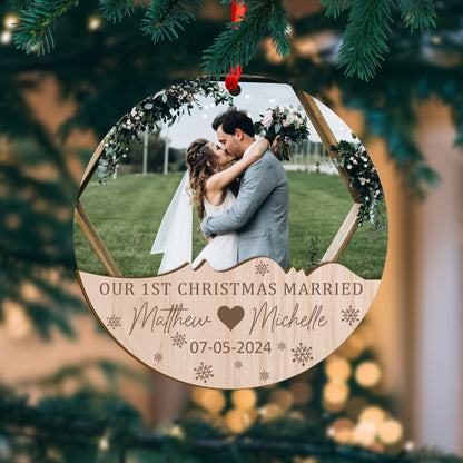 Custom Photo Our 1st Christmas Married Wood and Acrylic Ornament