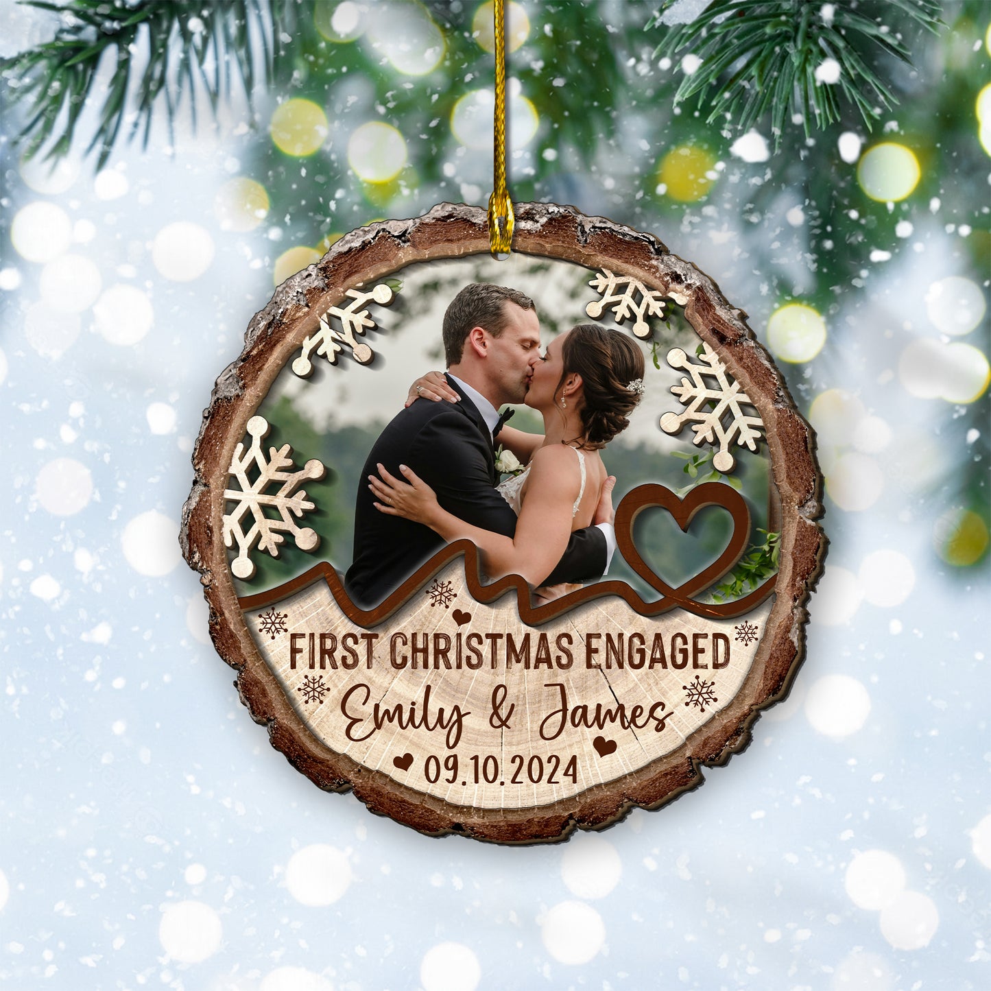 Custom Engagement Photo 2-Layer Wood Slice Ornament