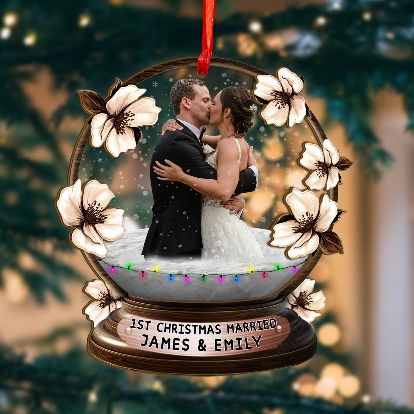 Custom Wedding Photo Floral Wood and Acrylic Ornament