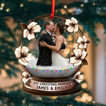 Custom Wedding Photo Floral Wood and Acrylic Ornament