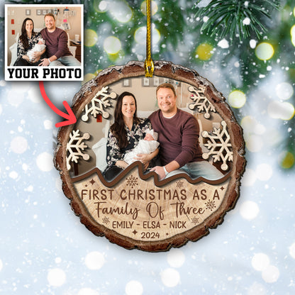 Custom Photo First Christmas As A Family Of Three 2-Layer Wood Ornament