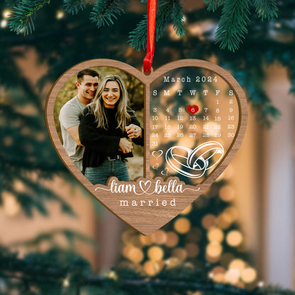 Custom Couple Wedding Photo And Calendar Wood and Acrylic Ornament