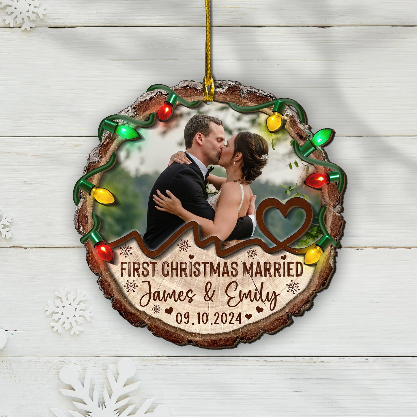 Custom Wedding Photo 2-Layer Wood Slice Ornament