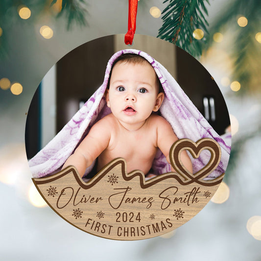 Custom Photo Baby First Christmas Wood and Acrylic Ornament