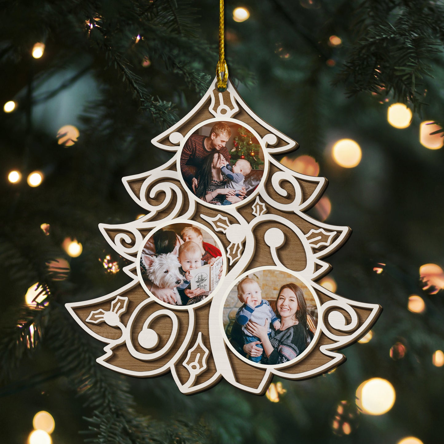 Custom Photos Noel Tree 2-Layer Wood Ornament