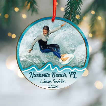 Custom Surfing Photo Wood and Acrylic Ornament