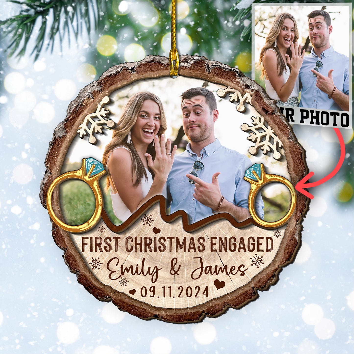 Custom Engagement Photo with Rings 2-Layer Wood Slice Ornament