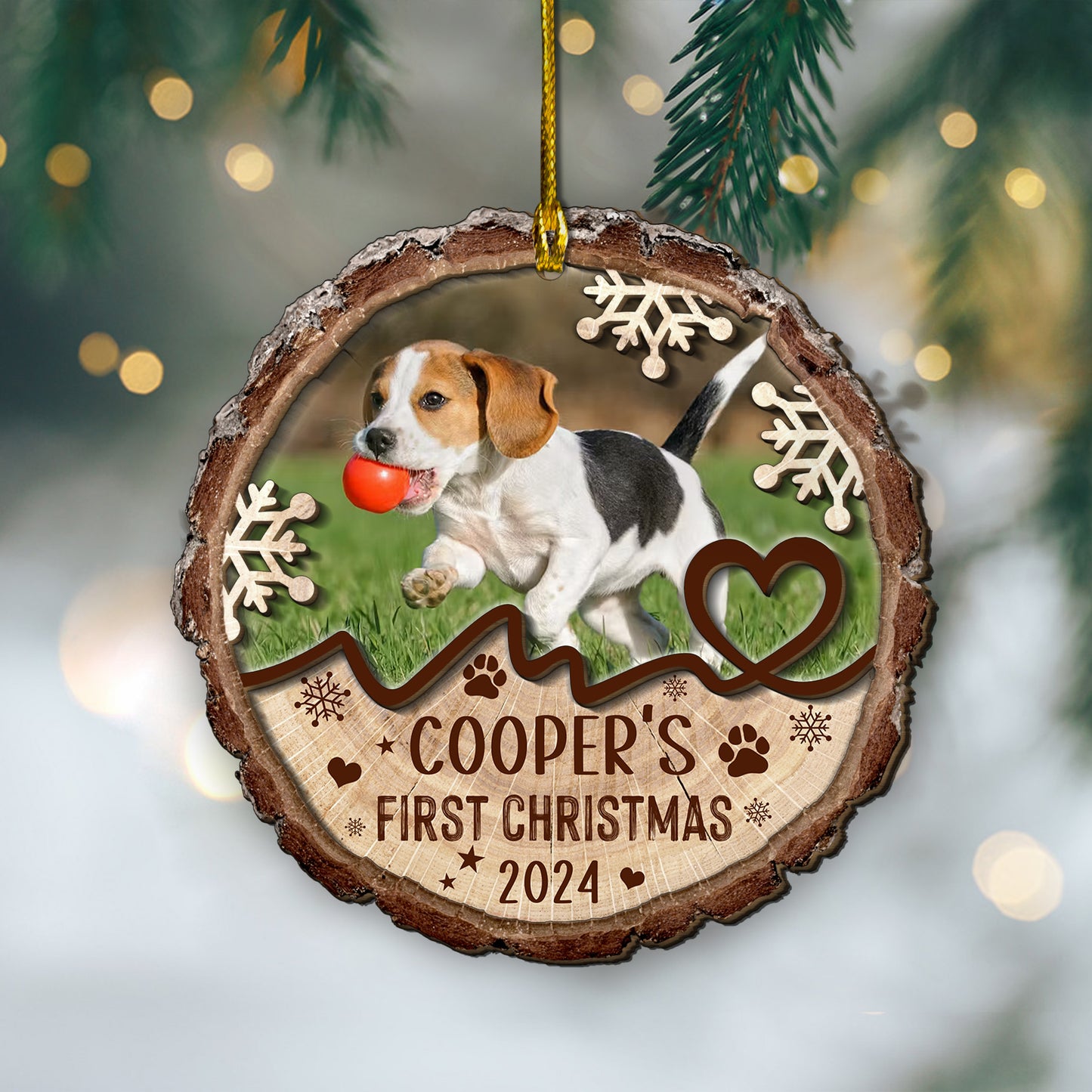 Custom Dog Photo First Christmas 2-Layer Wood Ornament