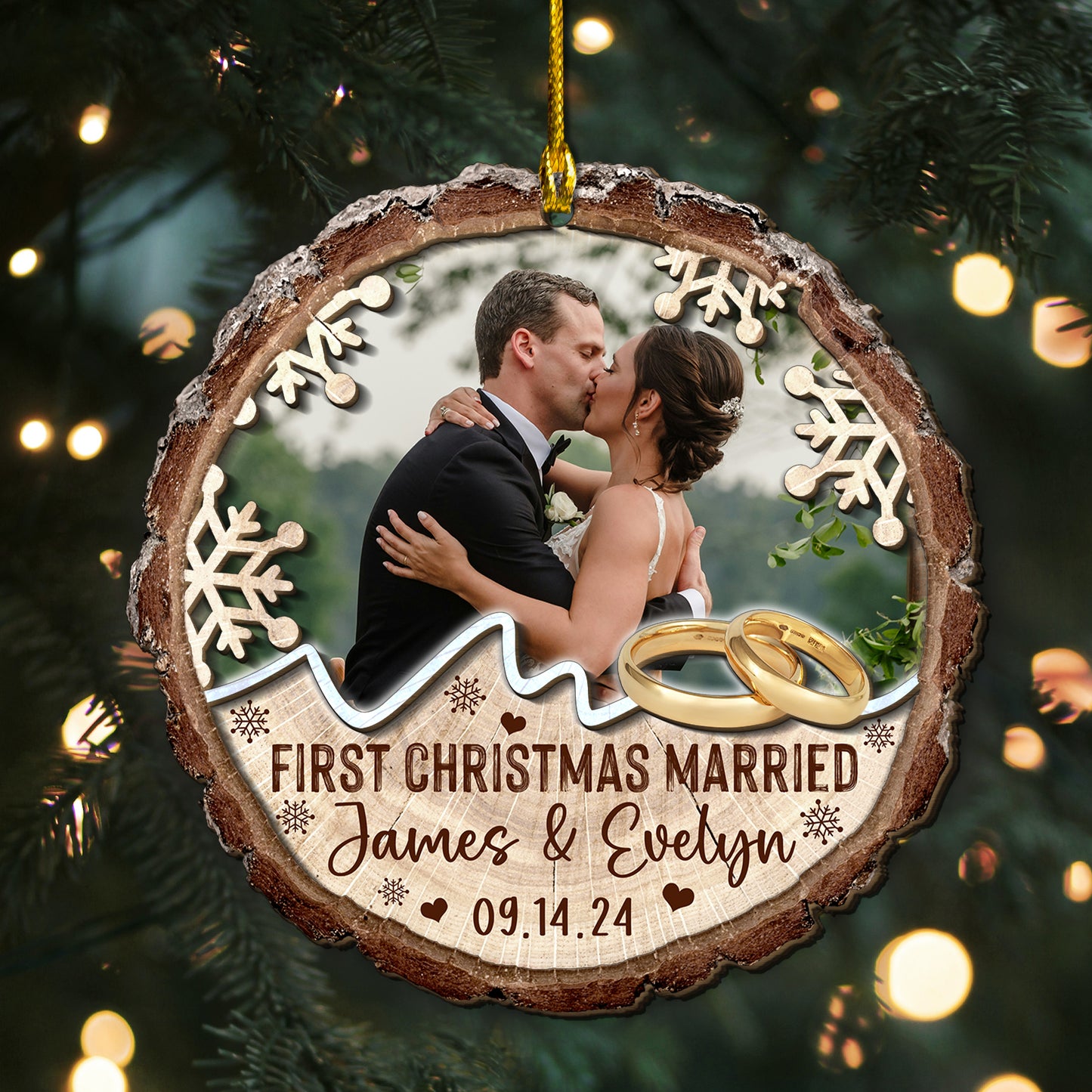 Custom Wedding Photo Rings 2-Layer Wood Slice Ornament