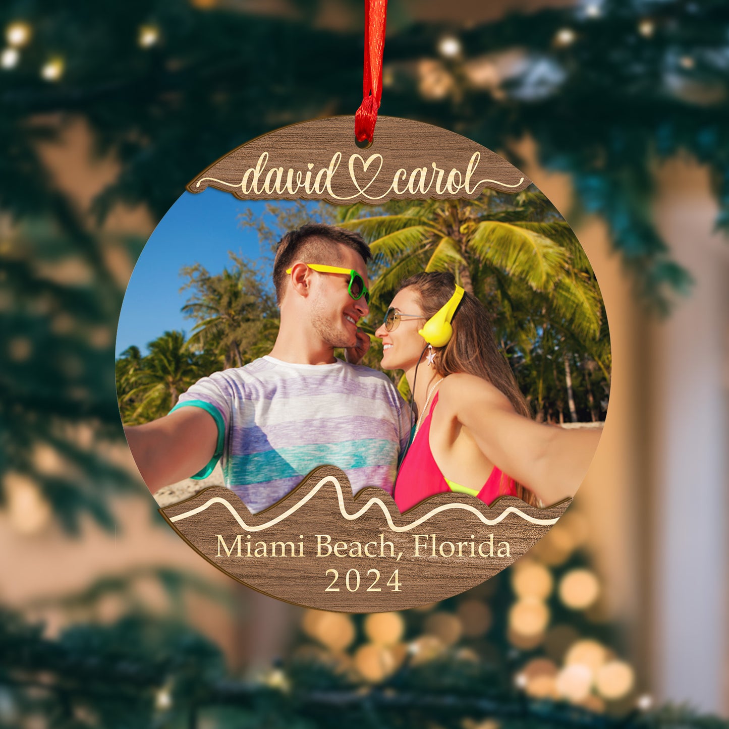 Custom Couple Photo Traveling Wood and Acrylic Ornament