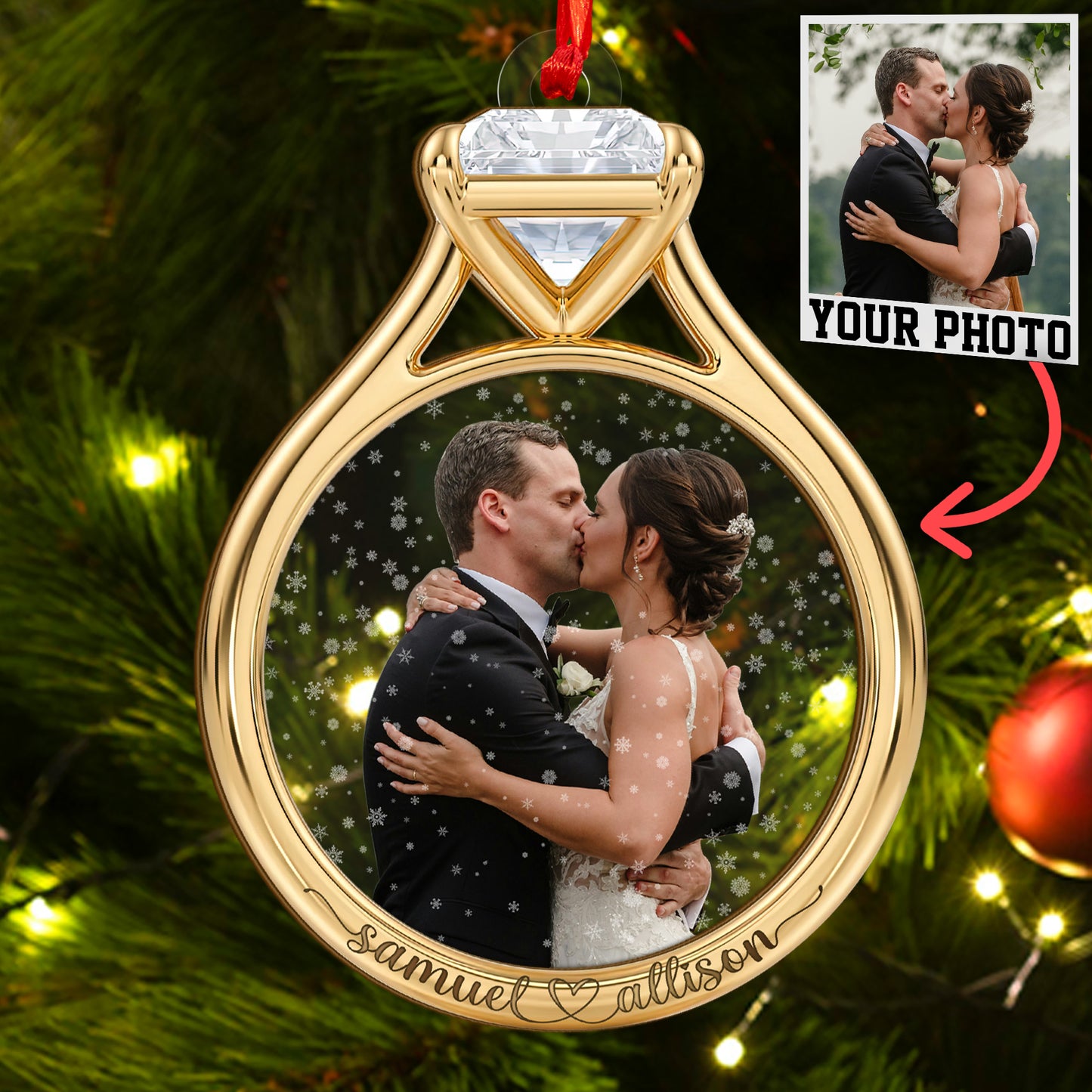 Custom Wedding Photo Ring Shape Wood and Acrylic Ornament