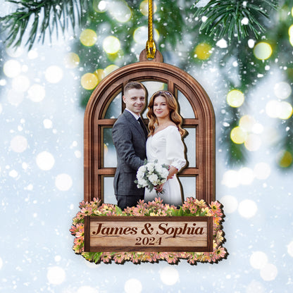 Custom Wedding Photo Window Frame 2-Layer Wood Ornament