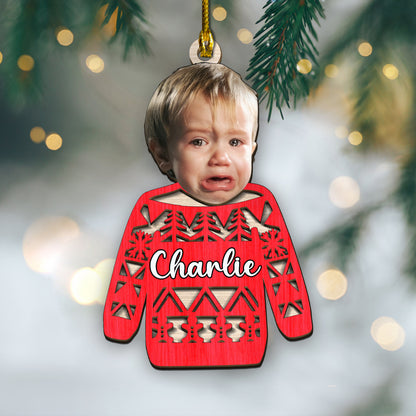 Custom Face Photo Funny Ugly Sweater 2-Layer Wood Ornament