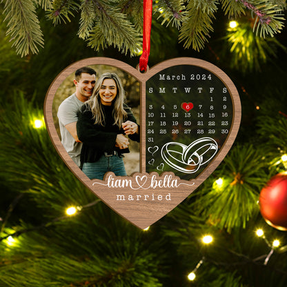 Custom Couple Wedding Photo And Calendar Wood and Acrylic Ornament