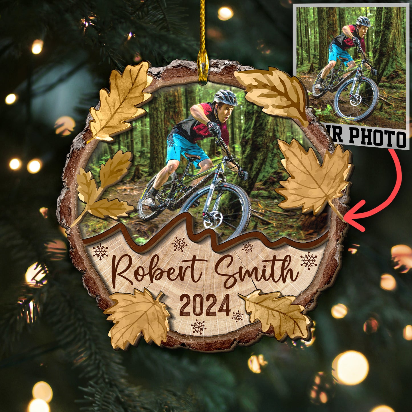 Custom Photo Mountain Biking 2-Layer Wood Slice Ornament