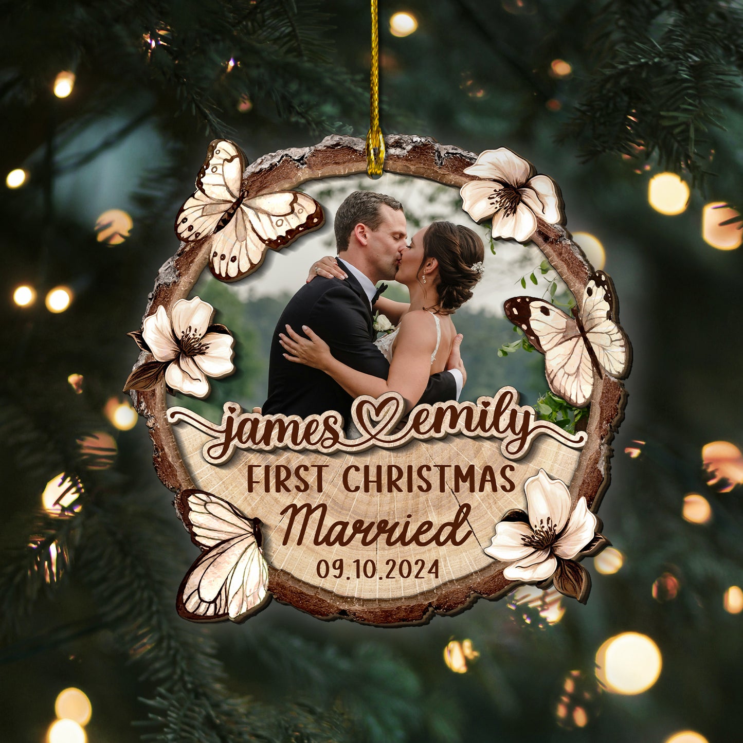 Custom Wedding Photo 2-Layer Wood Slice Ornament