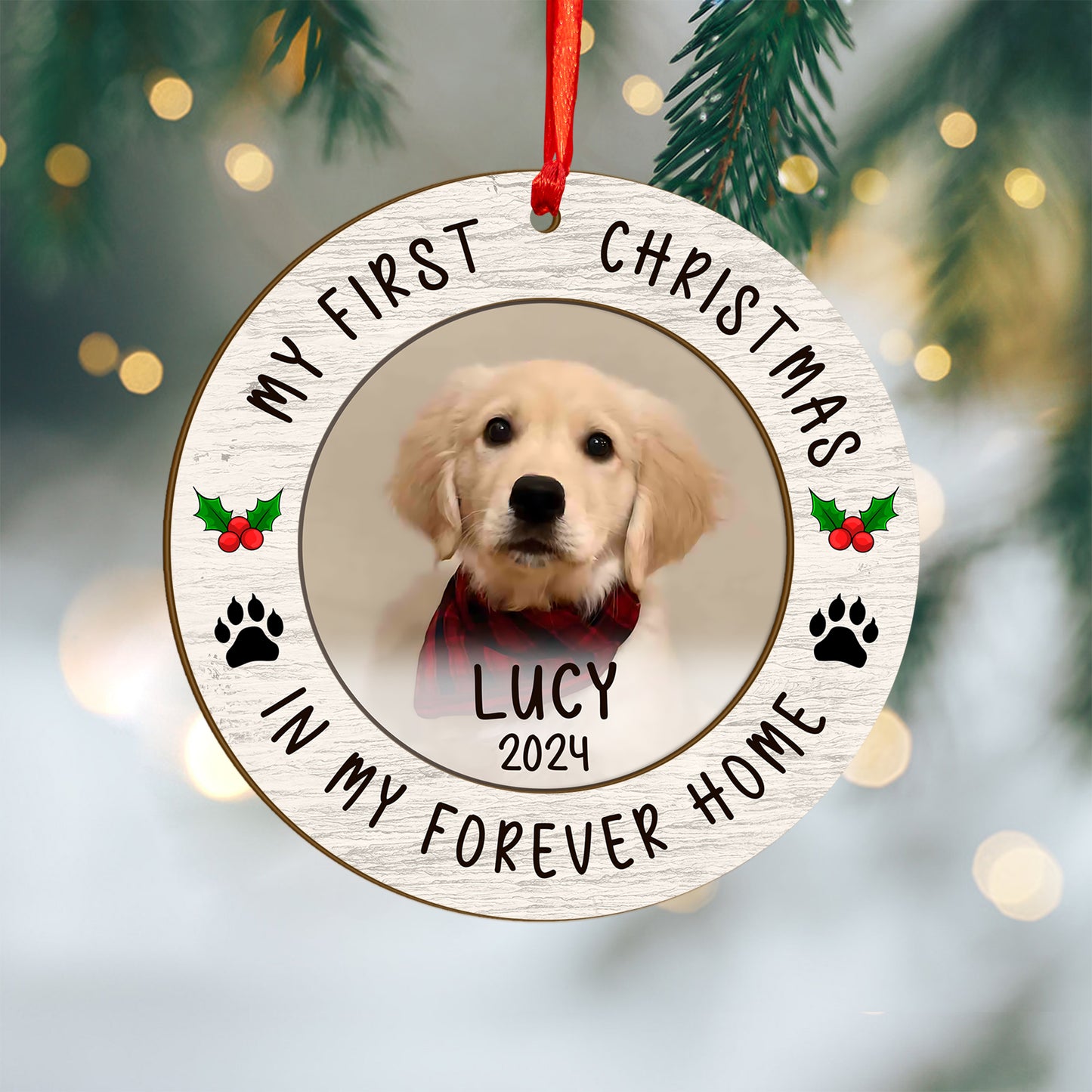 Custom Photo Dog First Christmas Wood and Acrylic Ornament