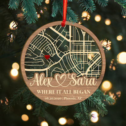 Custom Map Our First Date Wood and Acrylic Ornament