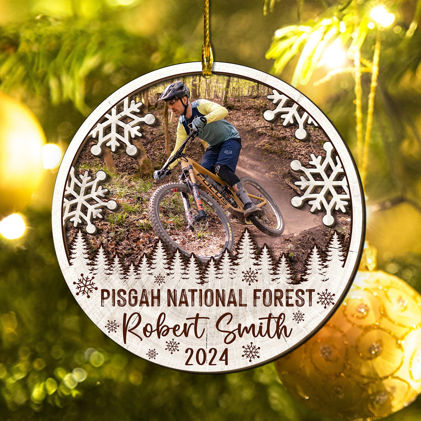 Custom Mountain Biking Photo 2-Layer Wood Ornament