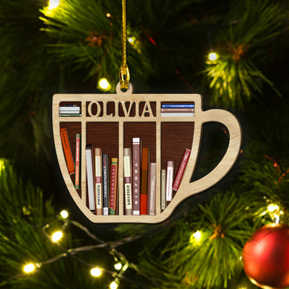 Custom Name Books Coffee Cup 2-Layer Wood Ornament