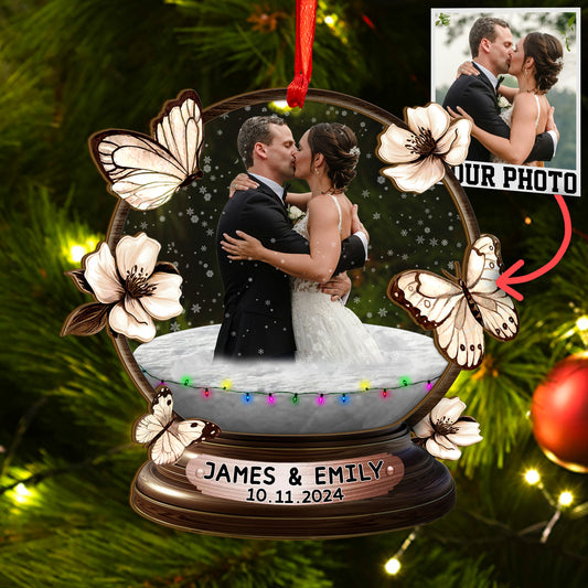 Custom Wedding Photo Snowball Wood and Acrylic Ornament