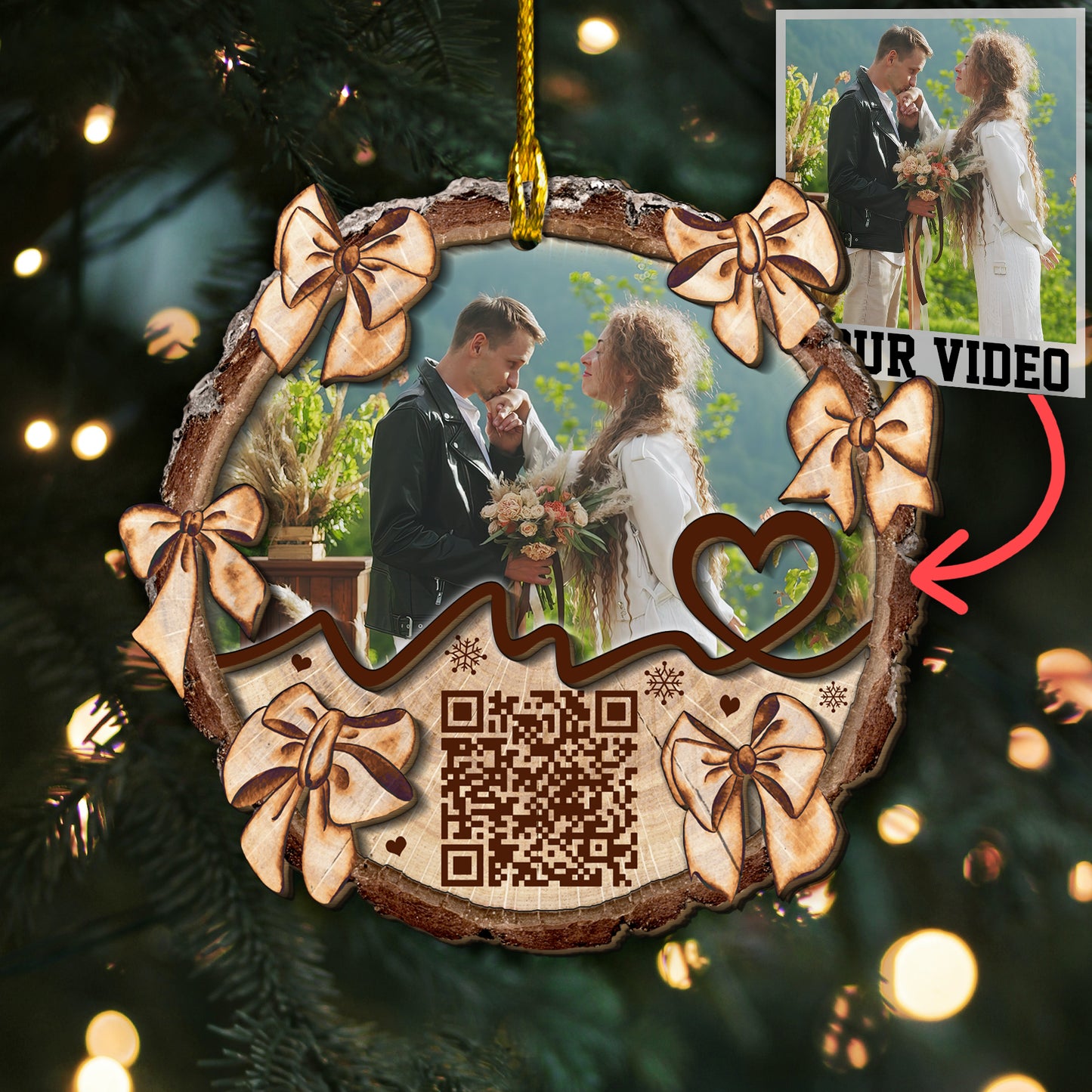 Custom Couple Video QR Code 2-Layer Wood Ornament