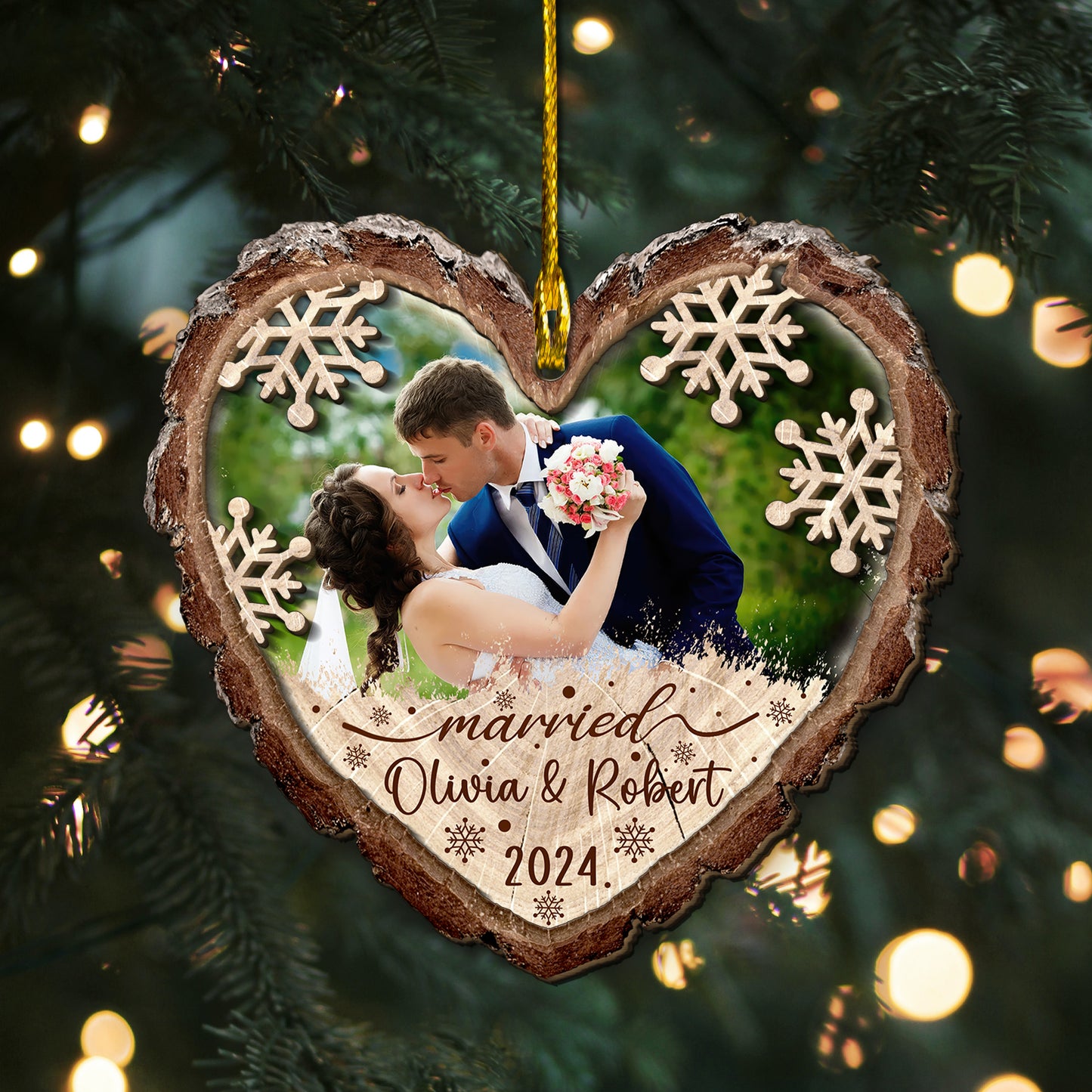 Custom Wedding Photo Heart Shape 2-Layer  Wood Slice Ornament