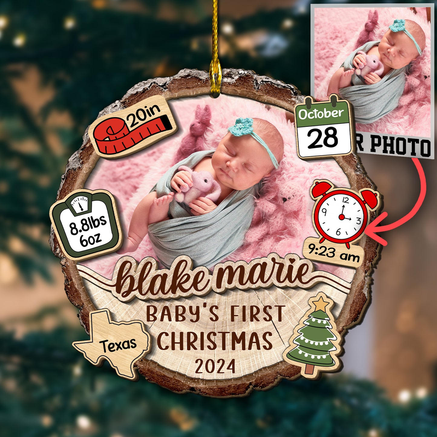 Custom Baby Photo Stats 2-Layer Wood Ornament