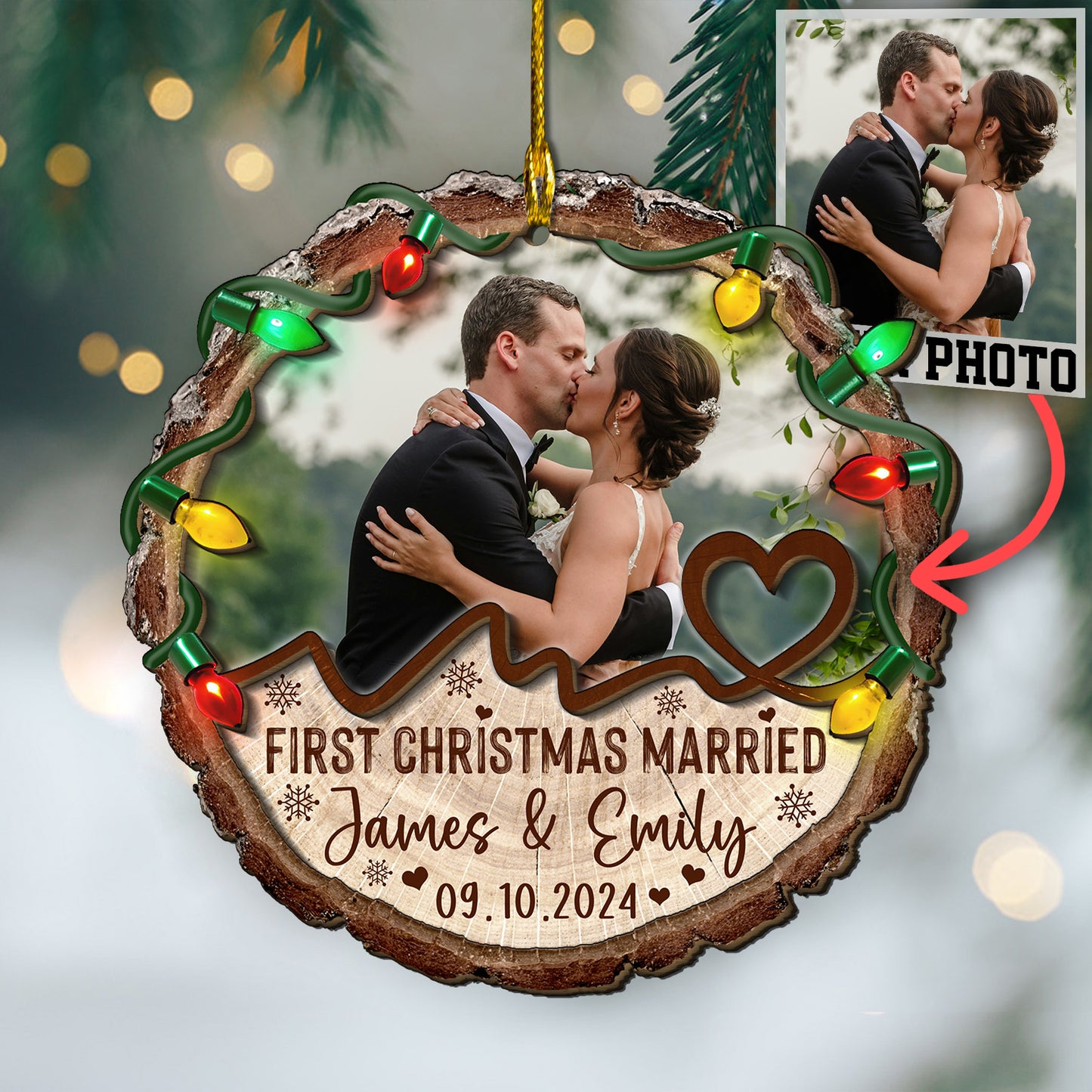 Custom Wedding Photo 2-Layer Wood Slice Ornament