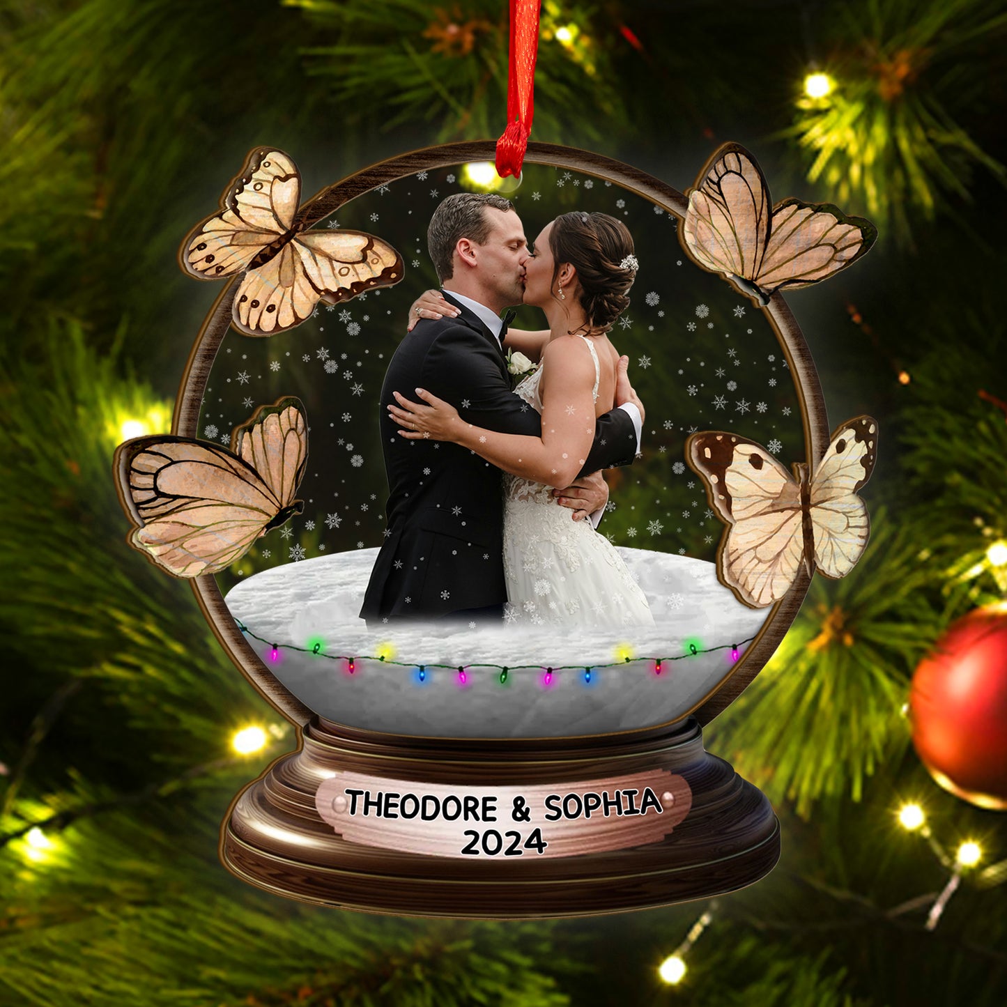 Custom Wedding Photo Butterfly Snowball Wood and Acrylic Ornament