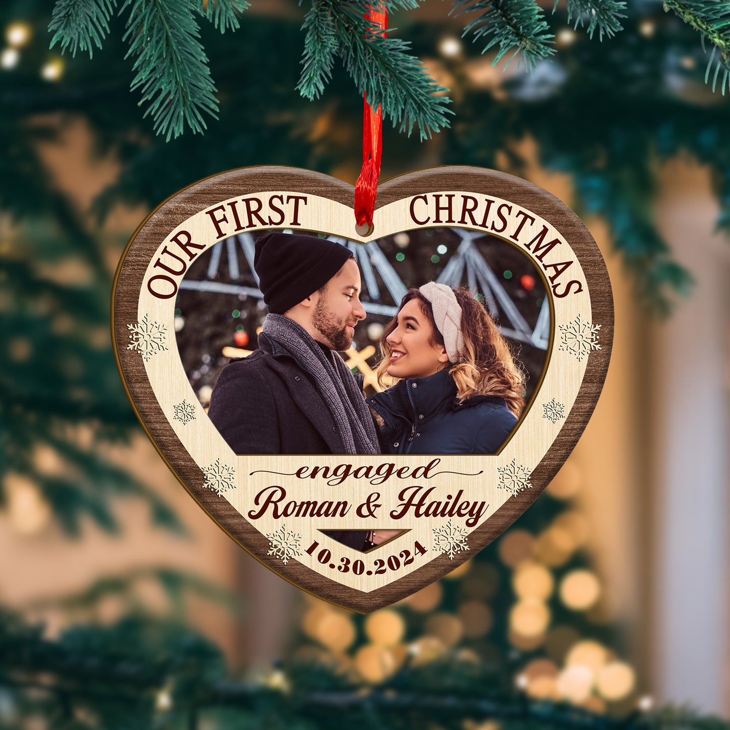 Custom Photo Couple Our First Christmas Wood and Acrylic Ornament