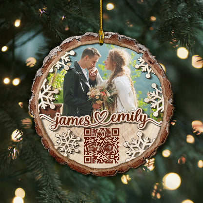 Custom Wedding Video QR Code 2-Layer Wood Slice Ornament