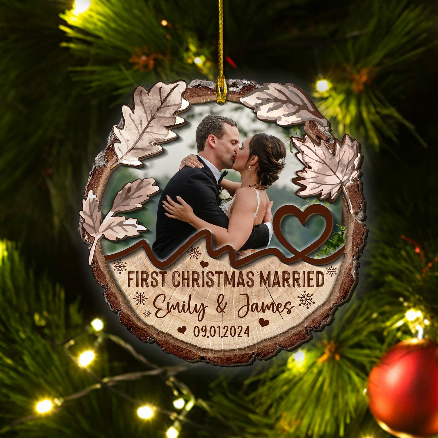 Custom Wedding Photo 2-Layers Wood Slice Ornament