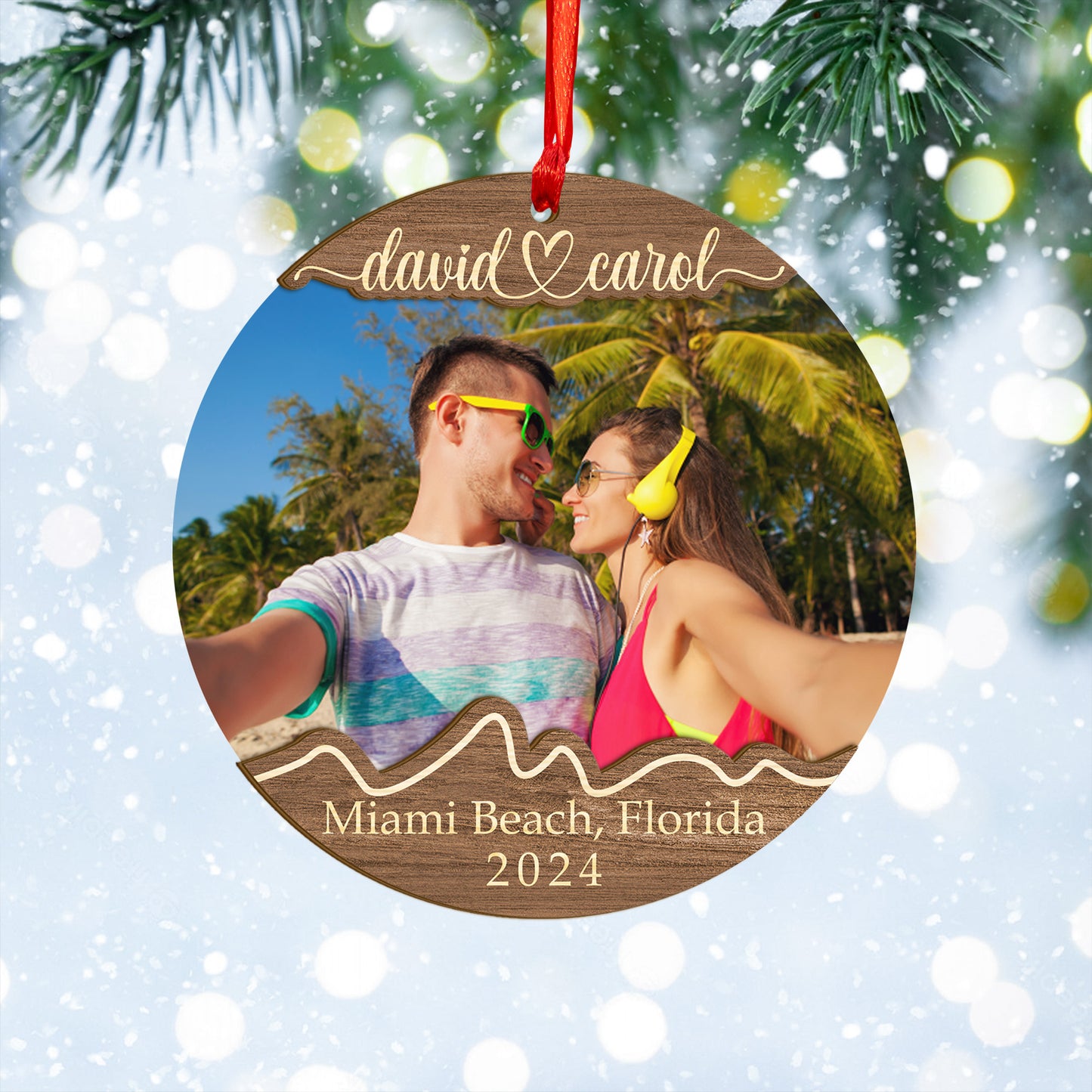 Custom Couple Photo Traveling Wood and Acrylic Ornament