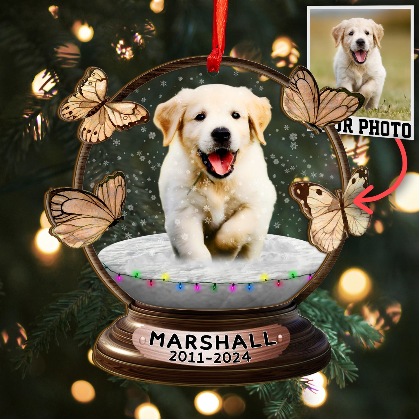 Custom Memorial Dog Photo Snowball Wood and Acrylic Ornament