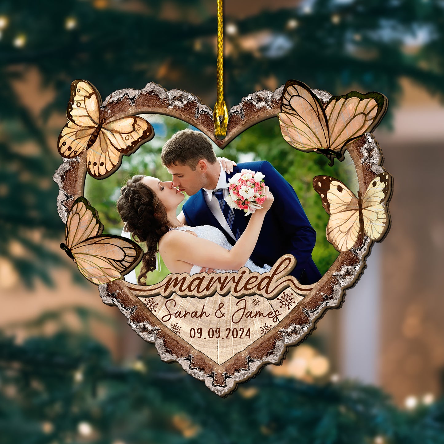 Custom Wedding Photo Heart Shape 2-Layers Wood Slice Ornament