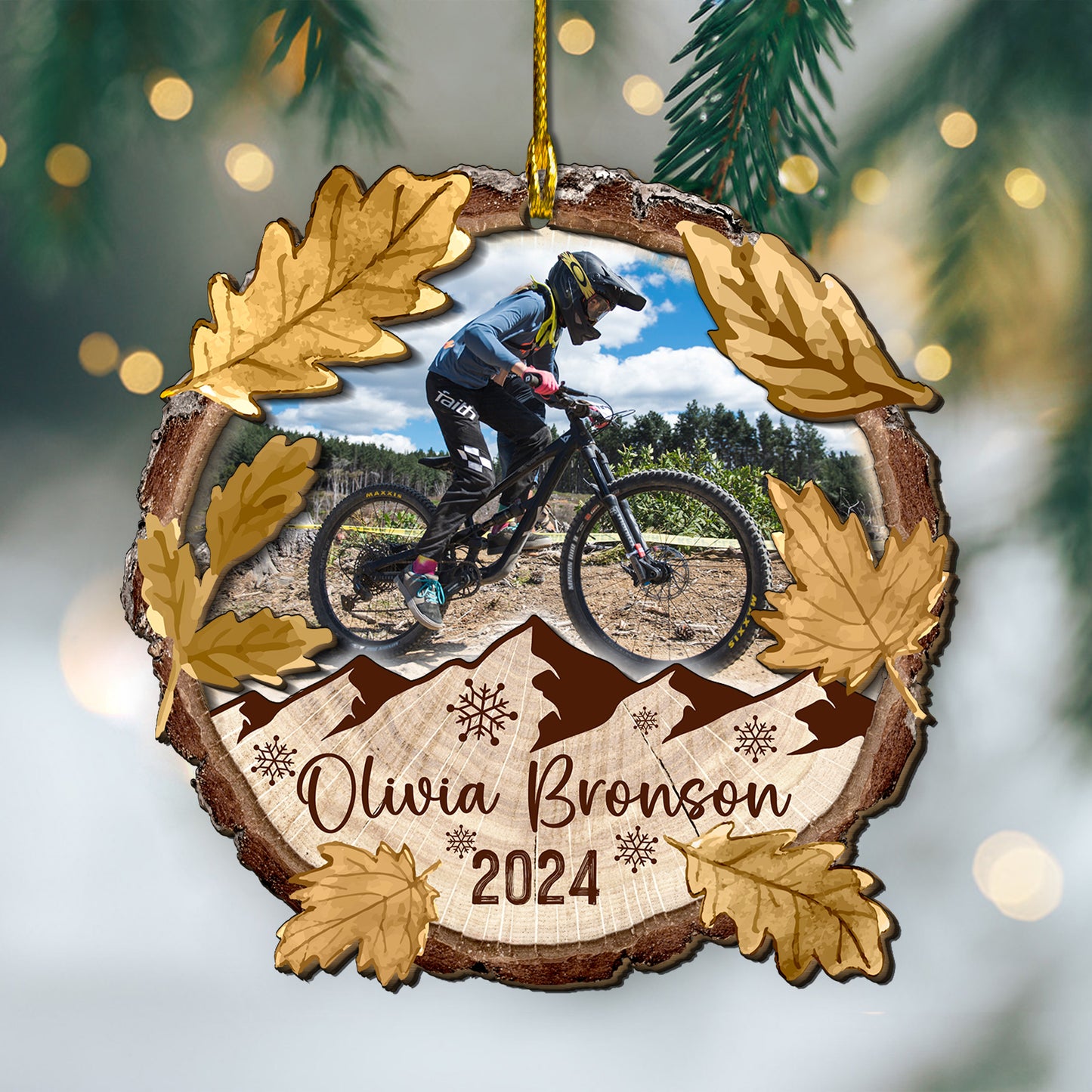 Custom Mountain Biking Photo 2-Layer Wood Slice Ornament