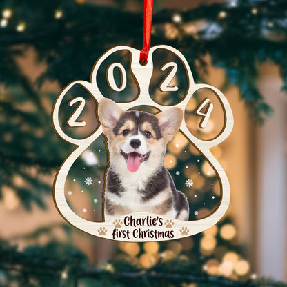 Custom Photo Dog First Christmas Wood and Acrylic Ornament