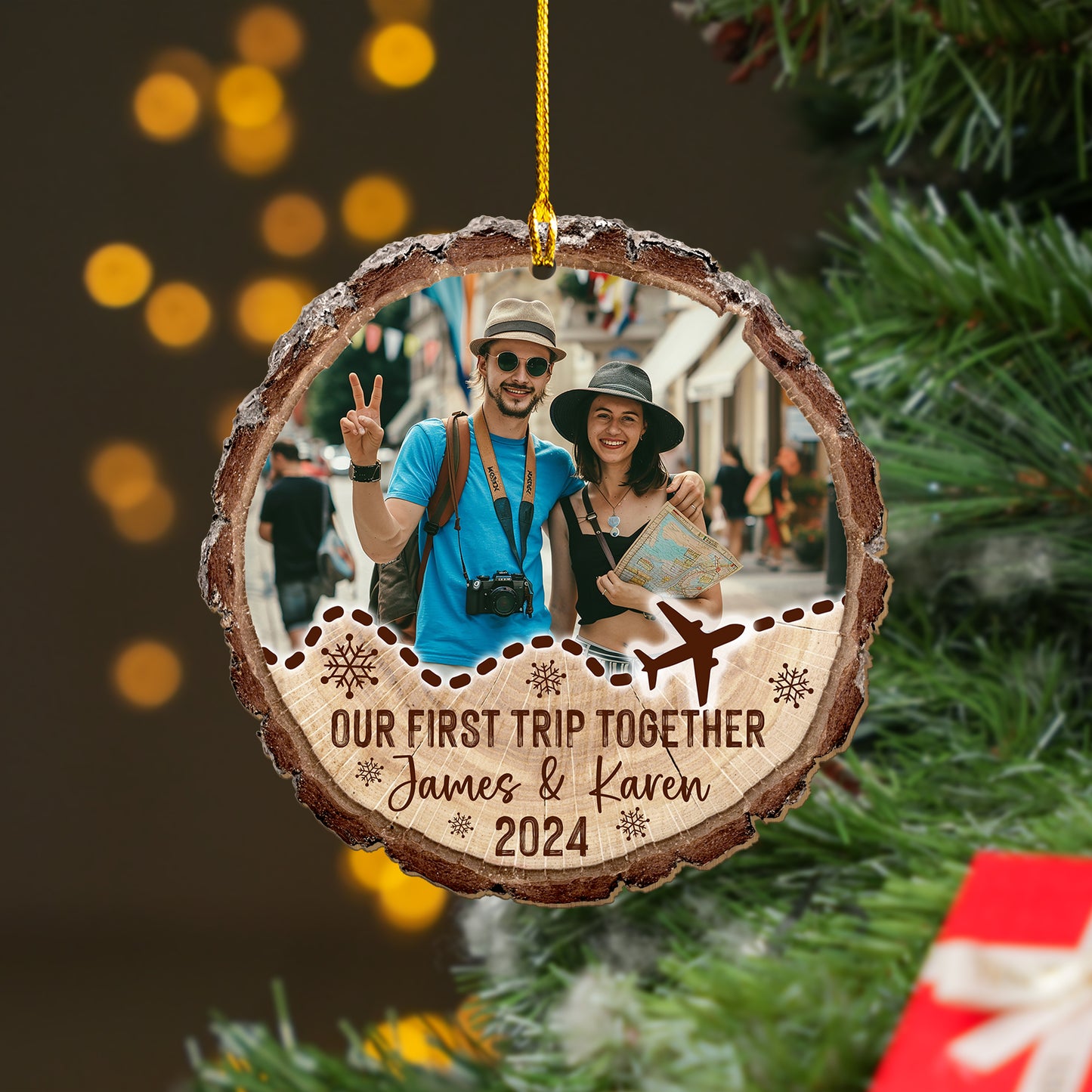 Custom Couple Travel Wood Slice Ornament