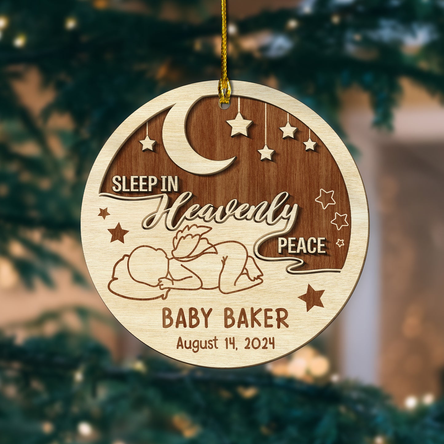 Custom Sleep In Heavenly Peace Memorial 2-Layers Wood Ornament