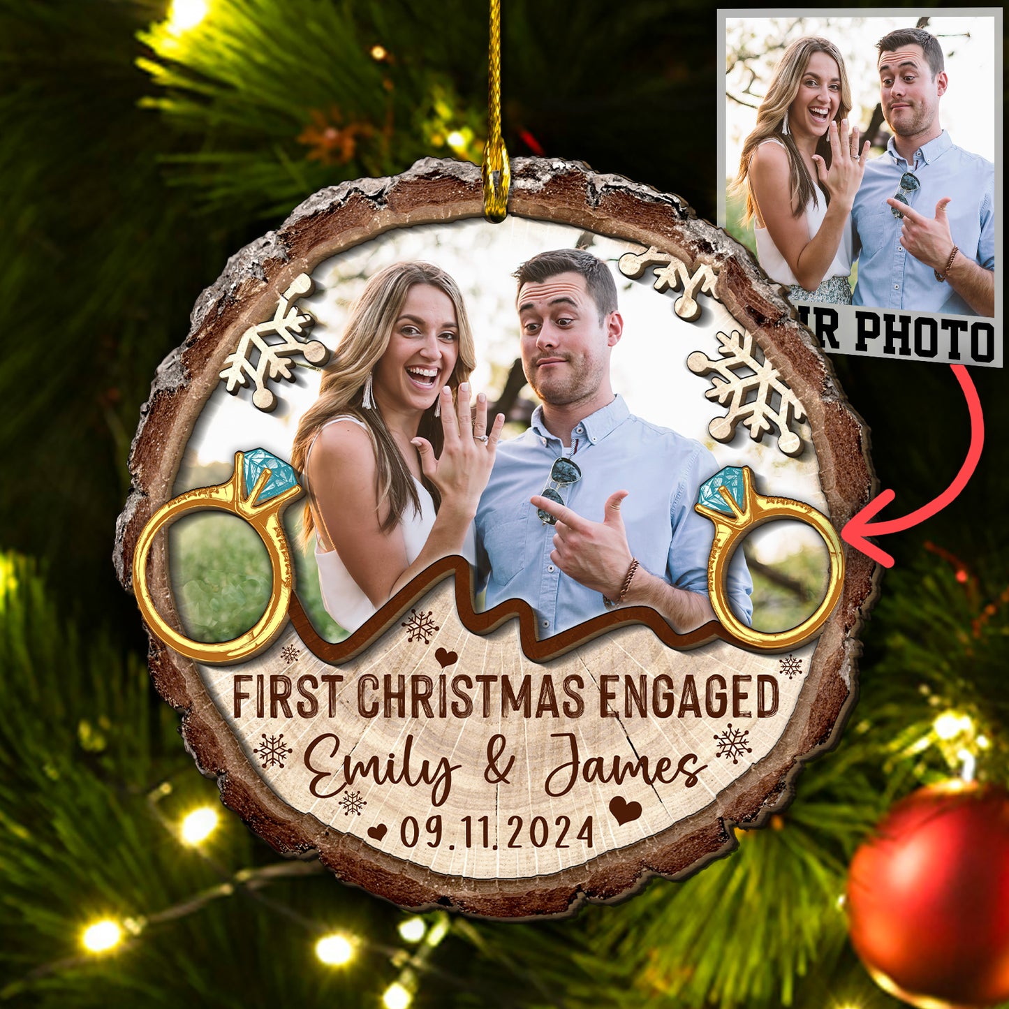 Custom Engagement Photo with Rings 2-Layer Wood Slice Ornament