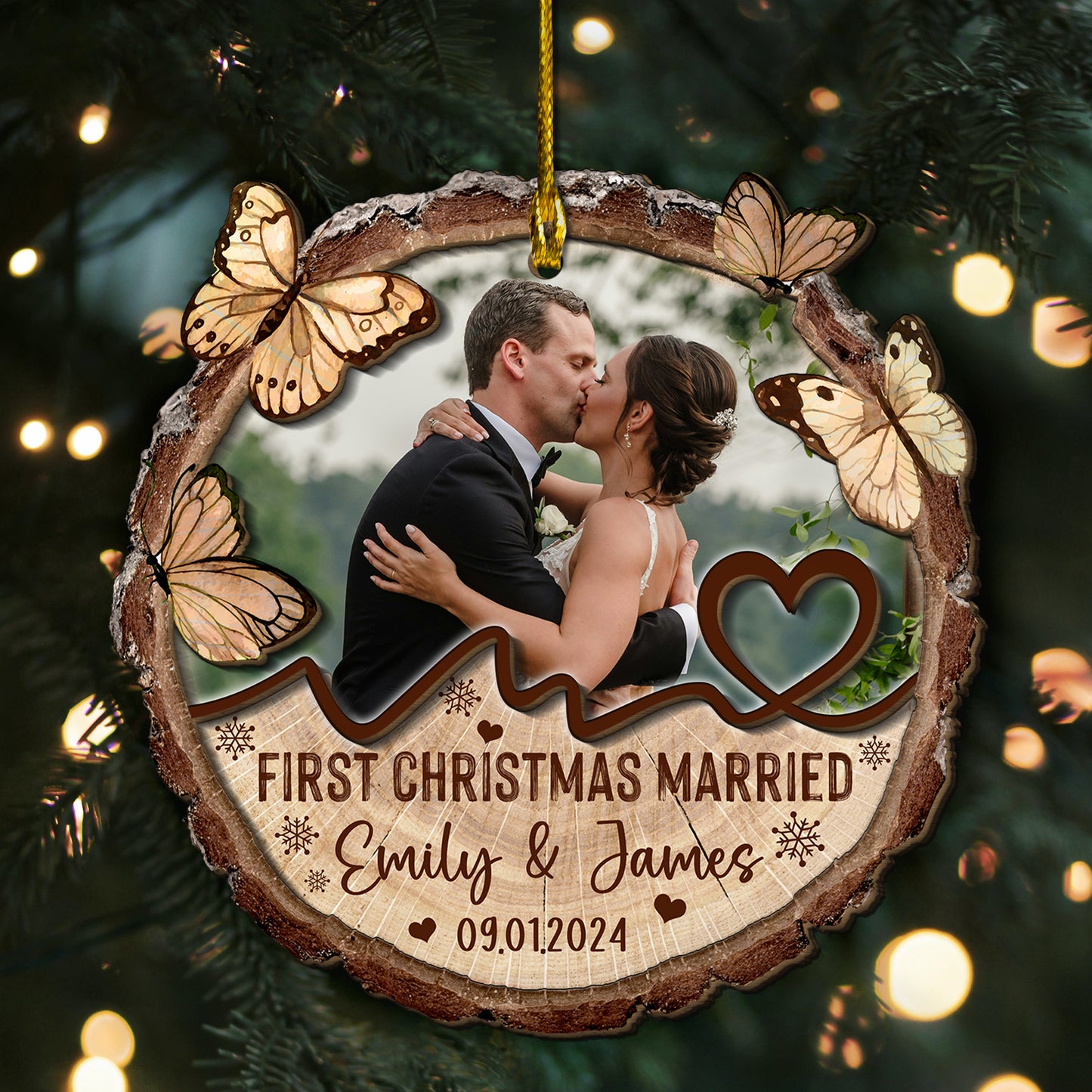 Custom Wedding Photo 2-Layer Wood Slice Ornament