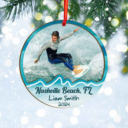 Custom Surfing Photo Wood and Acrylic Ornament