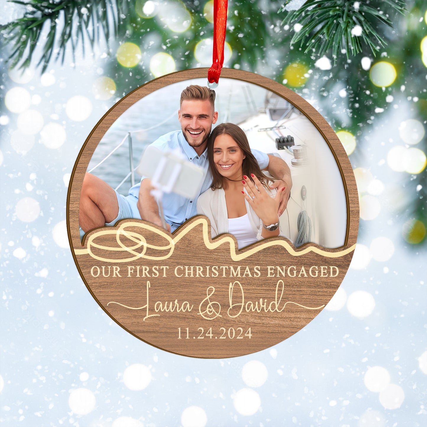 Custom Photo First Christmas Engaged Wood and Acrylic Ornament