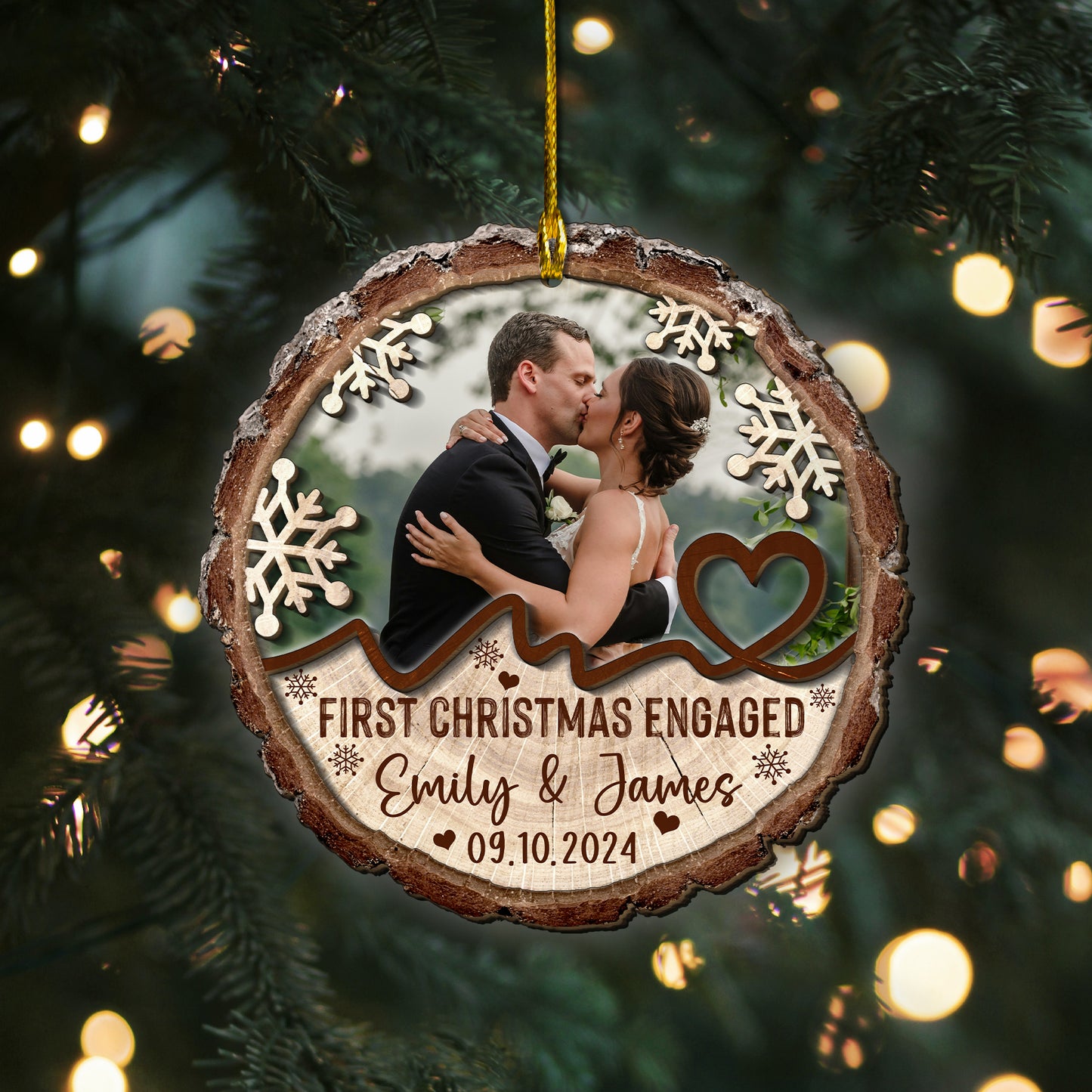 Custom Engagement Photo 2-Layer Wood Slice Ornament