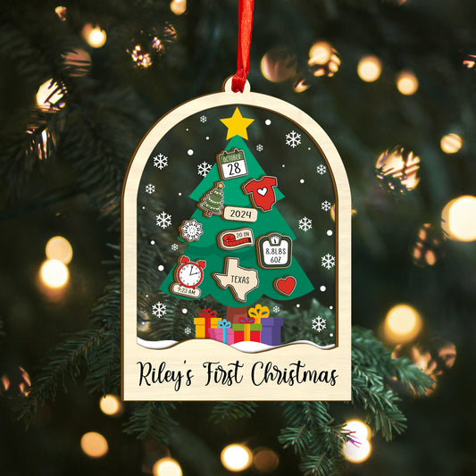 Custom Baby Stats Christmas Tree Wood and Acrylic Ornament