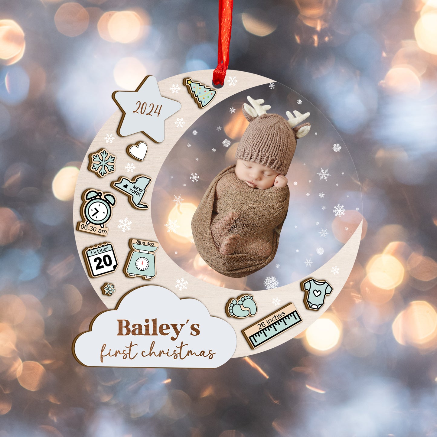 Custom Photo Baby Stats Moon Wood and Acrylic Ornament