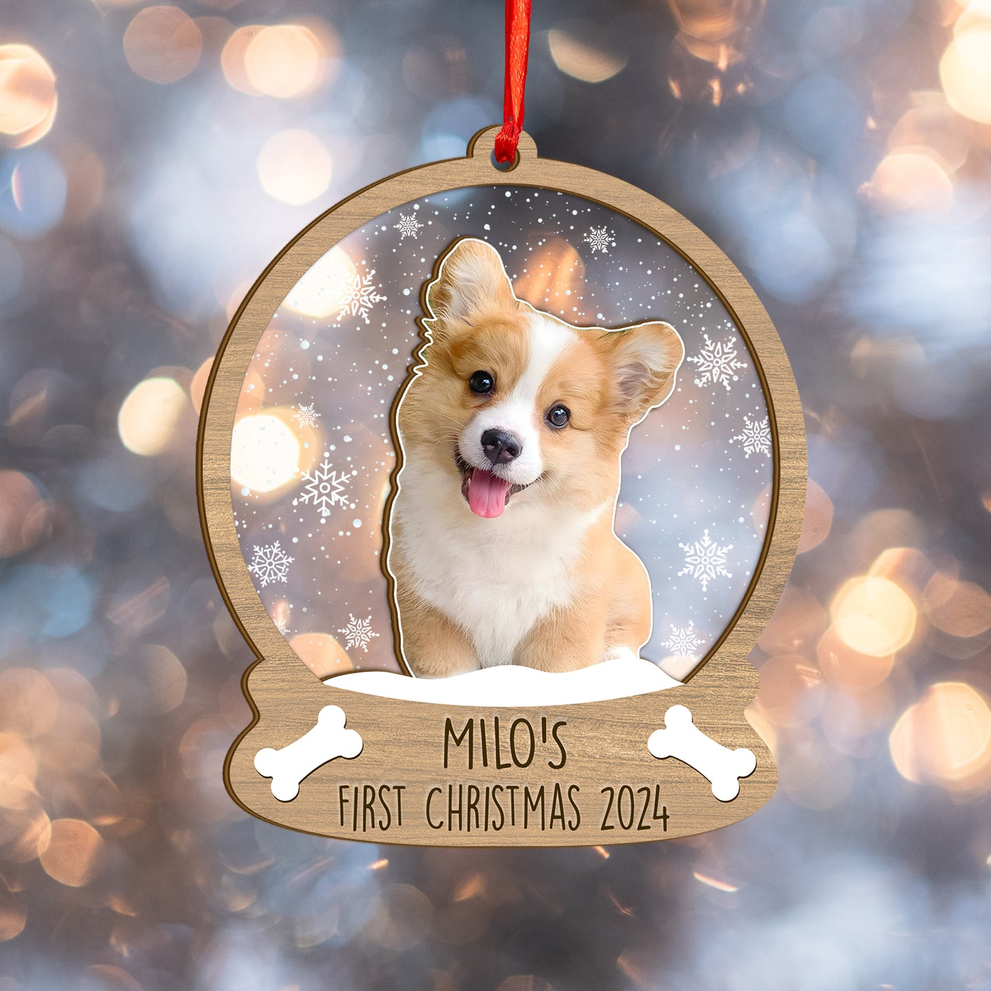 Custom Photo Dog First Christmas Wood and Acrylic Ornament