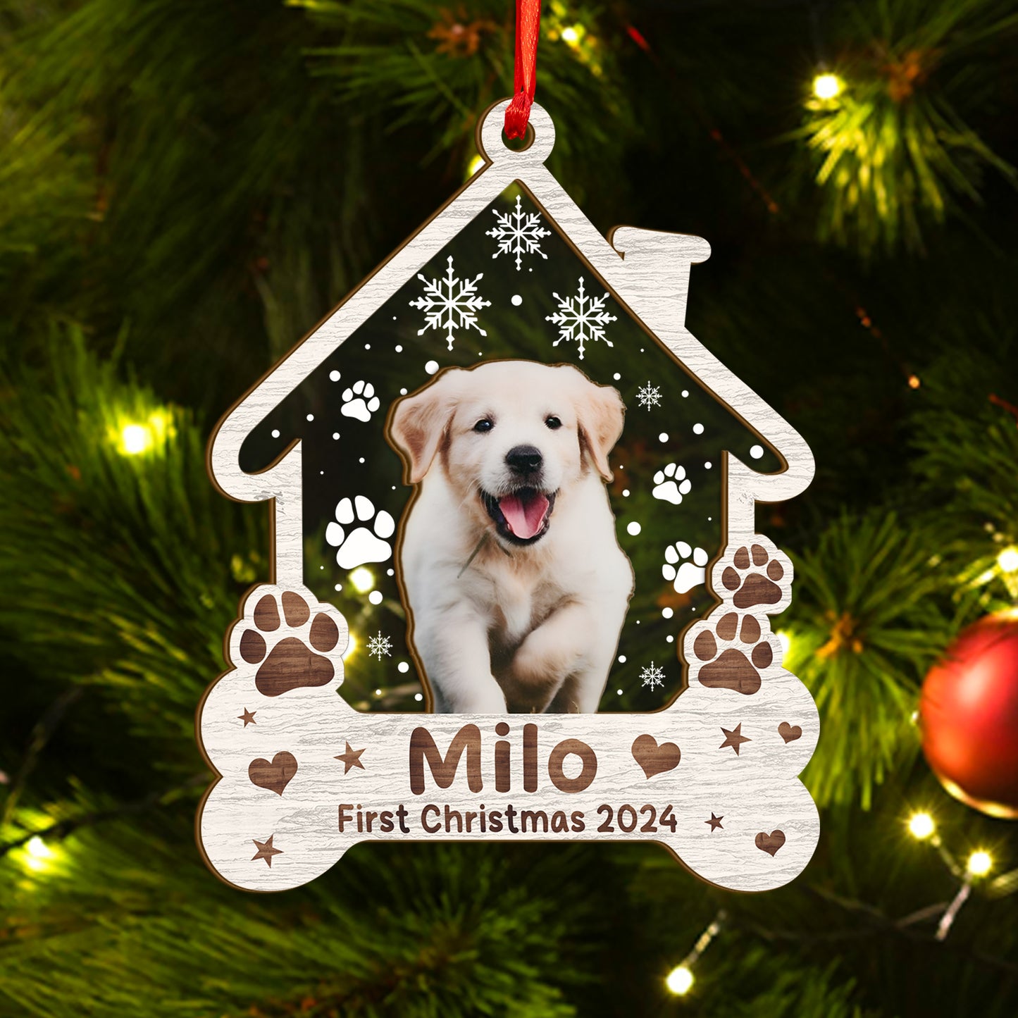 Custom Photo Dog First Christmas Wood and Acrylic Ornament