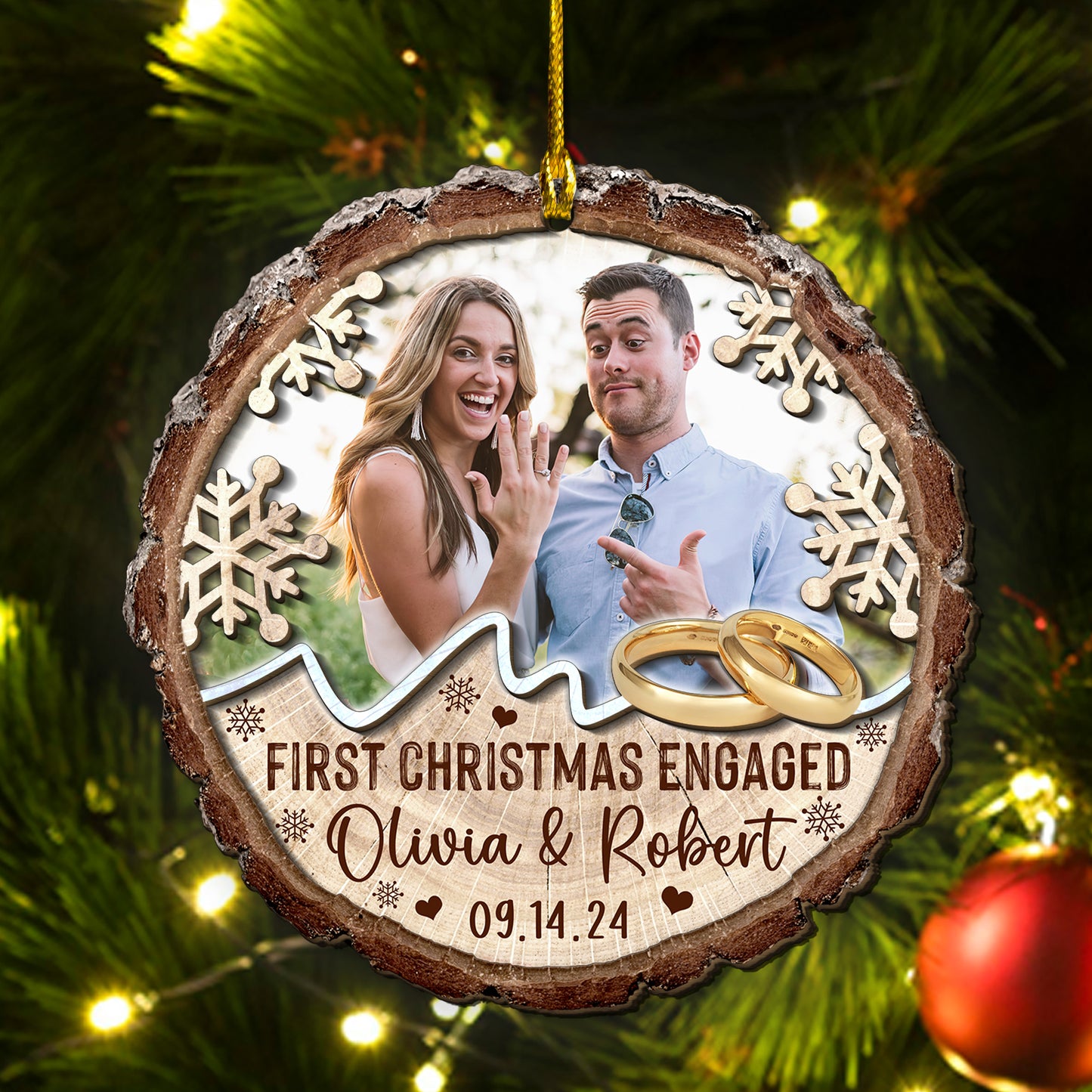 Custom Engaged Couple Photo 2-Layer Wood Ornament